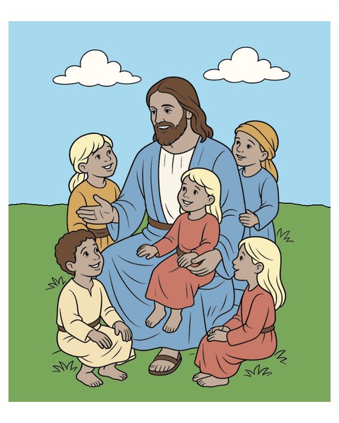 Completed Paint-by-Numbers scene of Jesus blessing children